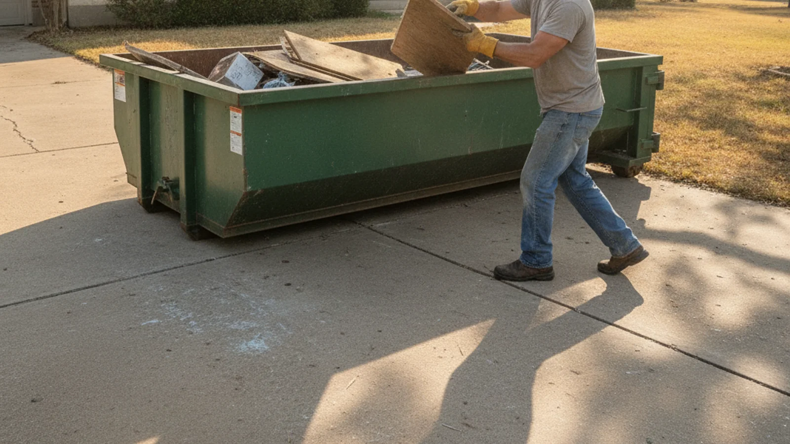 Green roll-off dumpster delivered to a driveway in Cibolo, TX