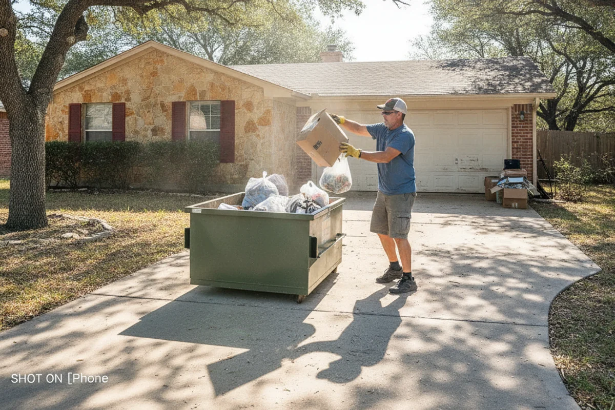 Residential dumpster during a home cleanout near Cibolo, TX